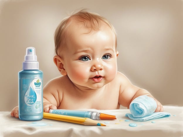 Auf dem Bild ist ein Baby zu sehen, das fröhlich aussieht und auf einer Oberfläche sitzt. Neben dem Baby steht eine Flasche mit einer blauen Flüssigkeit, möglicherweise ein Pflegeprodukt für die empfindliche Haut von Babys. Außerdem gibt es einen kleinen Handtuch und Stifte, was auf kreative Aktivitäten hinweisen könnte.

In einer Reiseapotheke für Babys wären solche Produkte wichtig, um die Haut des Babys zu schützen und zu pflegen, insbesondere bei Reisen. Zu den wesentlichen Inhalten könnten unter anderem Feuchtigkeitsspendende Lotionen, antiseptische Sprays für kleine Wunden und eventuell fiebersenkende Zäpfchen gehören. Auch sterile Tücher oder ein Thermometer wären nützlich, um schnell auf kleinere gesundheitliche Probleme reagieren zu können.