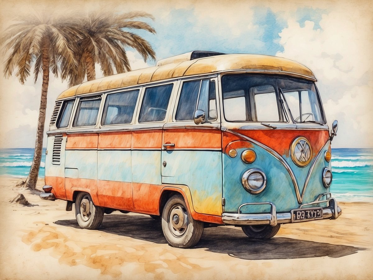 Ein farbenfroher alter VW-Bus steht auf einem Sandstrand, umgeben von hohen Palmen. Im Hintergrund erstreckt sich das blaue Meer unter einem wolkenverhangenen Himmel. Der Bus hat ein orange-blaues Farbmuster und ist in gutem Zustand, was ihm ein nostalgisches Flair verleiht. Diese Szenerie vermittelt ein Gefühl von Urlaubsstimmung und Entspannung auf einer tropischen Insel.