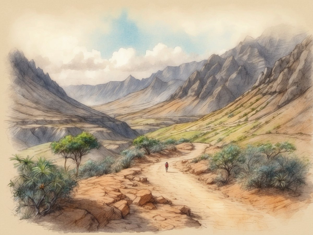Eine malerische Landschaft auf São Nicolau zeigt eine weite, trockene Bergregion mit sanften Hügeln und steilen Felsformationen im Hintergrund. Ein Wanderer schreitet auf einem schmalen, erdigen Pfad, umgeben von kleinen Sträuchern und vereinzelten Bäumen. Der Himmel ist teilweise bewölkt, mit sanften Lichtstrahlen, die durch die Wolken brechen, und die ruhige Atmosphäre lädt dazu ein, die Natur zu genießen und zu entspannen.