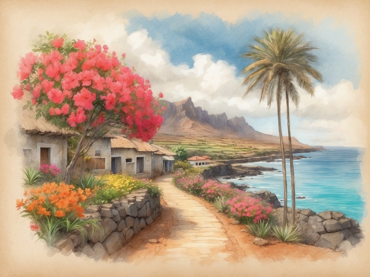 Eine malerische Küstenlandschaft zeigt ein gepflasterter Weg, der an bunten Blumen und einer Reihe traditioneller Häuser entlangführt. Vivante Bougainvillea und andere blühende Pflanzen rahmen die Szene ein, während im Hintergrund majestätische Berge die Landschaft dominieren. Das azurblaue Wasser des Meeres schimmert im Sonnenlicht und der Himmel ist teilweise bewölkt, was eine ruhige und einladende Atmosphäre schafft. Palmen stehen am Wegesrand und verleihen dem Bild tropisches Flair.