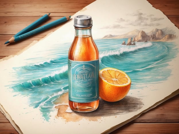 Auf dem Bild ist eine stilisierte Darstellung einer Flasche Limonade und einer halbierten Orange zu sehen, umgeben von einem maritimen Hintergrund mit Wellen. 

Für einen sorgenfreien Urlaub sind hier einige Gesundheitstipps:

1. **Hydration**: Achte darauf, ausreichend Wasser zu trinken, besonders wenn du viel Zeit in der Sonne verbringst. Das Bild zeigt eine erfrischende Limonade—eine gute Wahl, aber zusätzlich Wasser ist wichtig.

2. **Sonnenschutz**: Verwende Sonnencreme mit hohem Lichtschutzfaktor, um deine Haut vor Sonnenbrand zu schützen, besonders wenn du am Strand bist.

3. **Gesunde Ernährung**: Nutze frische Früchte, wie die Orange im Bild, als Snack. Sie sind reich an Vitaminen und halten dich energisch.

4. **Aktivität**: Halte dich aktiv durch Bewegung im Freien, wie Schwimmen oder Wandern, aber achte darauf, Pausen einzulegen.

5. **Hygiene**: Wasche deine Hände regelmäßig, insbesondere vor dem Essen, um Krankheiten vorzubeugen.

Genieße deinen Urlaub und pass auf dich auf!