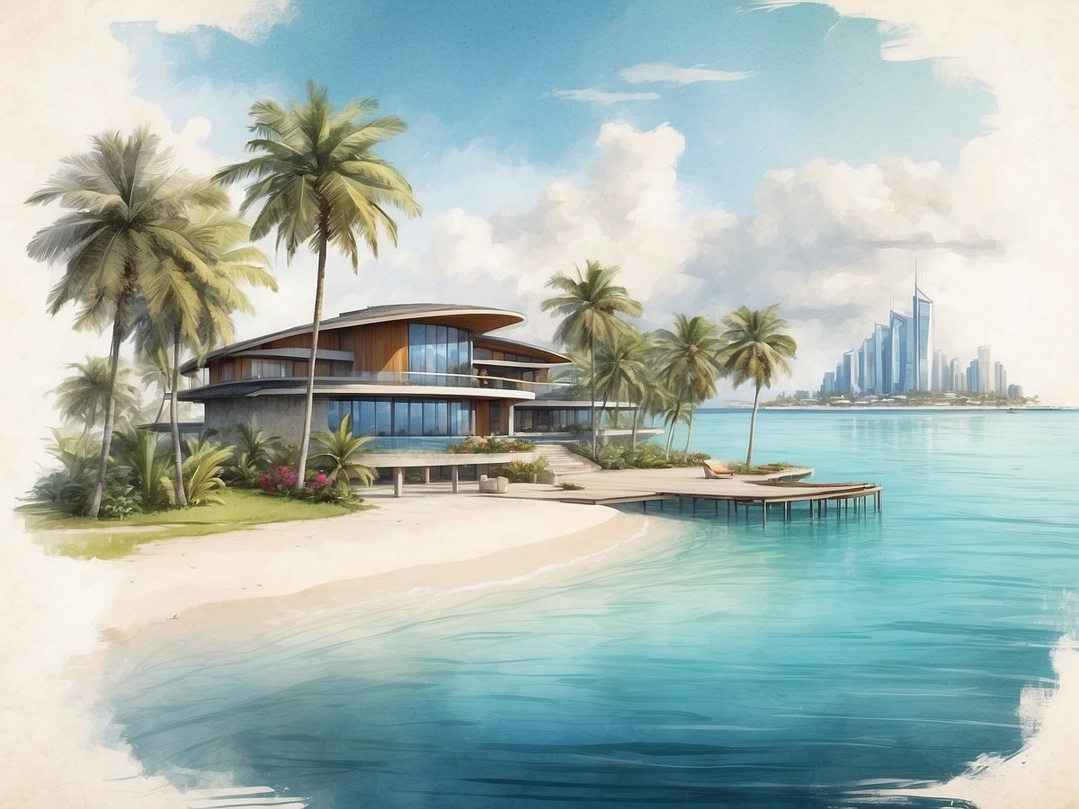 Hulhumalé zeigt ein modernes Inselparadies mit urbanem Flair auf den Malediven. Im Vordergrund sehen wir einen hellen Sandstrand, umgeben von üppigen Palmen. Ein stilvolles, modernes Gebäude mit großen Fenstern und einem geschwungenen Dach erstreckt sich über das Wasser. Vor dem Gebäude befindet sich eine Holzterrasse, die ins türkisfarbene Wasser führt. Im Hintergrund ragt die Skyline einer Stadt mit hohen, gläsernen Wolkenkratzern in den Himmel, während helle, fluffige Wolken die Szenerie ergänzen und eine entspannte, tropische Atmosphäre schaffen.