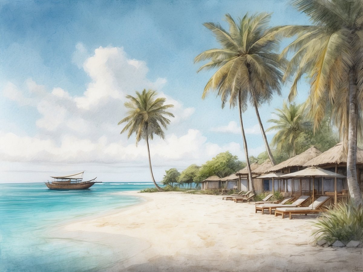 Ein malerischer Strand auf Maafushi mit feinem, weißem Sand und klarem, blauem Wasser. Im Vordergrund stehen Holzliegen mit Sonnenschirmen, umgeben von Palmen und tropischer Vegetation. Am Strand liegt ein traditionelles Holzboot, das sanft auf den Wellen schaukelt. Der Himmel ist hellblau mit wenigen, flauschigen Wolken, die ein tropisches Paradies erahnen lassen. Im Hintergrund sind einfache, strohgedeckte Bungalows zu sehen, die eine einladende und entspannte Atmosphäre schaffen.