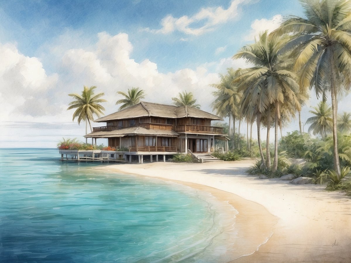 Ruhe und Schönheit auf einer unberührten Insel auf den Malediven, mit einem stilvollen Holzhaus, das direkt am glitzernden Wasser steht. Palmen umgeben das Gebäude und ein Sandstrand erstreckt sich sanft in den klaren, türkisfarbenen Ozean. Der Himmel ist hellblau mit vereinzelten Wolken, und die gesamte Szenerie vermittelt ein Gefühl von tropischer Idylle und Entspannung.