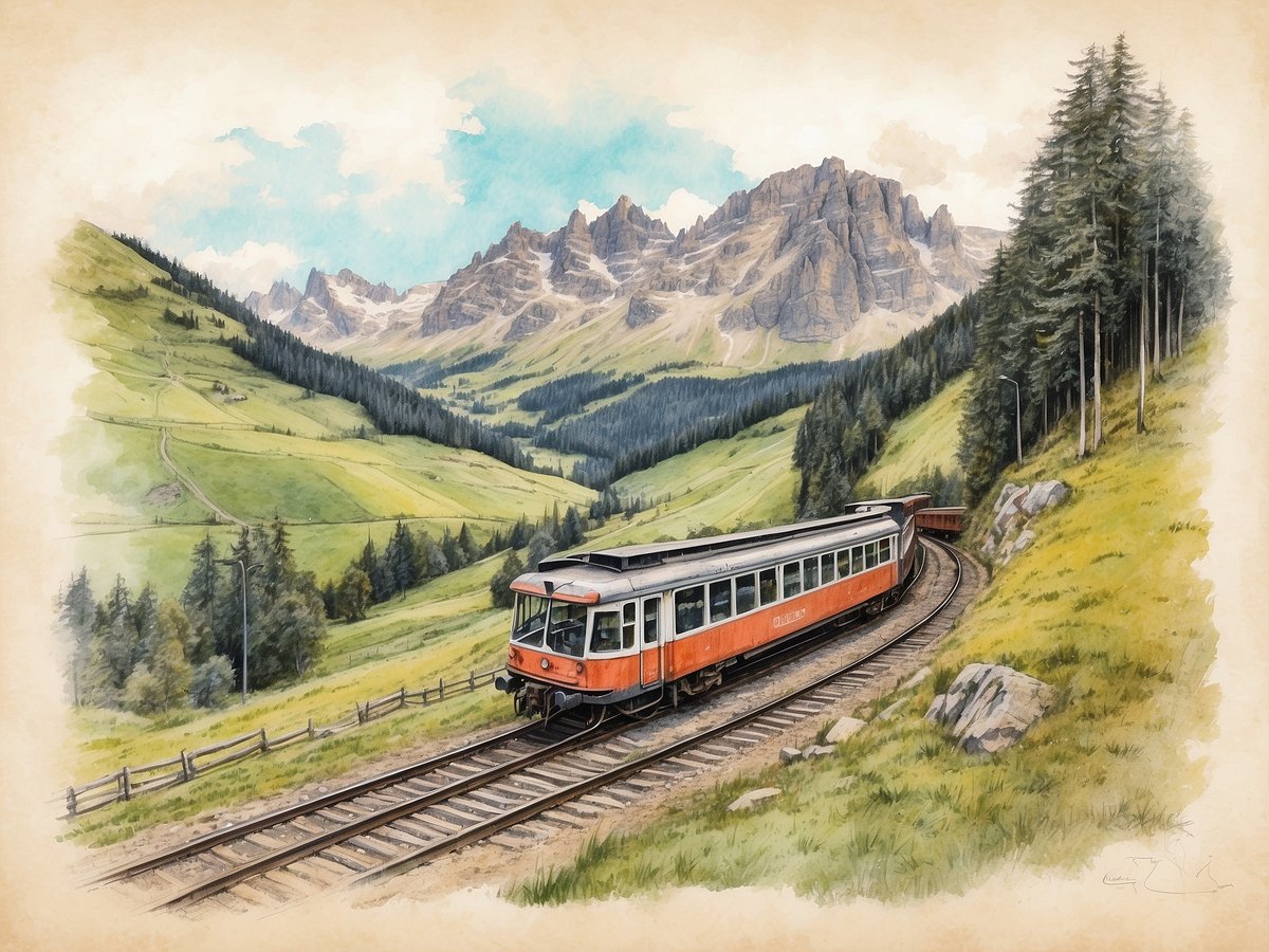 Die Höllentalbahn im Schwarzwald schlängelt sich durch eine malerische Landschaft mit sanften Hügeln und hohen Bergen im Hintergrund. Ein orangefarbener Triebwagen fährt auf den Gleisen, umgeben von dichten Wäldern und grünen Wiesen. Die majestätischen Berggipfel rahmen die Szene ein und verleihen dem Bild eine eindrucksvolle Atmosphäre. Der Himmel ist klar mit vereinzelten Wolken und das Licht strahlt eine einladende, friedliche Stimmung aus.