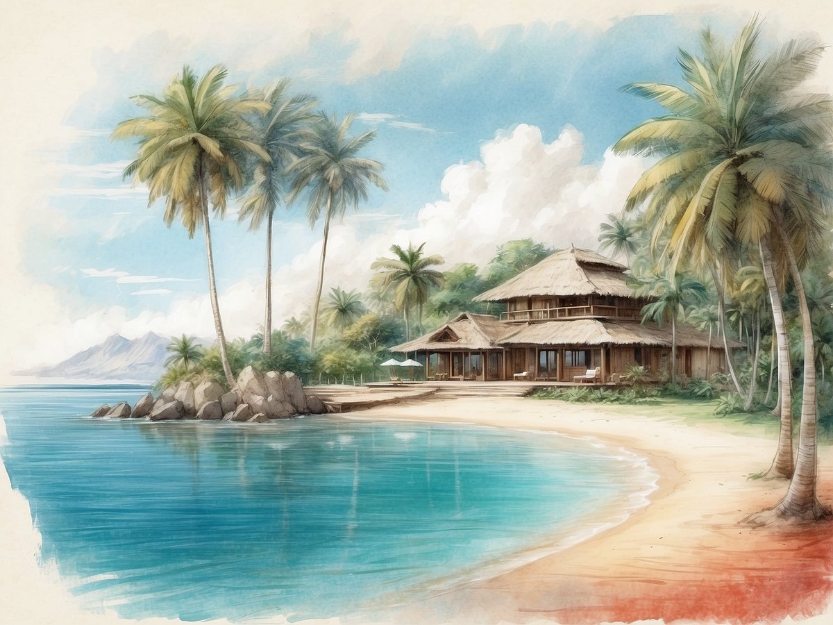 Ein luxuriöses Villenresort an einem einsamen Strand auf den Malediven. Die Strandvilla verfügt über ein traditionelles Dach aus Palmblättern und große Fenster, die den Blick auf das glitzernde, türkisfarbene Wasser ermöglichen. Im Vordergrund gibt es eine ruhige Bucht umgeben von sanften Wellen und kleinen Felsen. Palmen säumen den Strand und verleihen dem Bild eine tropische Atmosphäre. Die Kulisse wird durch sanfte Wolken und bergige Landschaften im Hintergrund ergänzt, was das Gefühl von Abgeschiedenheit und Exklusivität verstärkt.
