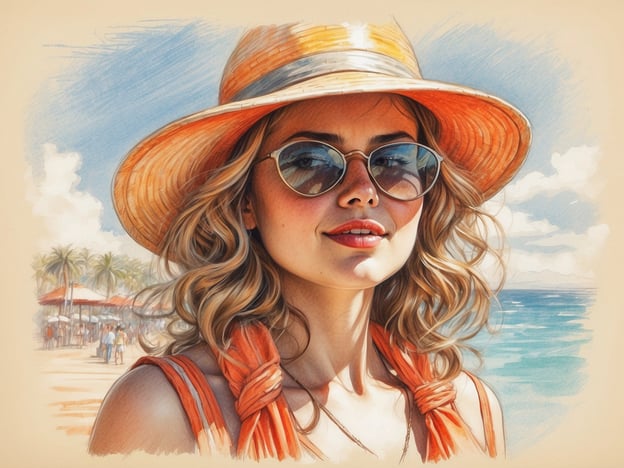 Auf dem Bild ist eine junge Frau mit einem großen Sonnenhut und Sonnenbrille zu sehen, die am Strand steht. Sie hat blonde, lockige Haare und trägt ein orangefarbenes Kleid oder Top. Im Hintergrund sind Palmen und ein Teil des Strandes zu erkennen. Es sieht nach einem sonnigen Tag am Meer aus. 

Und nicht vergessen: Sonnenschutz!