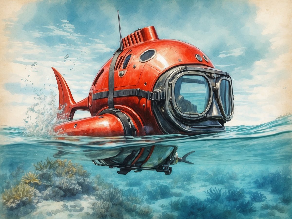 Ein rotes Tauchboot schwimmt an der Wasseroberfläche, umgeben von klarem blauen Wasser. Es hat eine runde Kabine mit großen Fenstern und erinnert an eine Mischung aus einem U-Boot und einem Fisch. Im Hintergrund sind sanfte Wellen und eine Unterwasserlandschaft mit Korallen zu sehen, die die unberührte Schönheit der Malediven widerspiegelt. Die helle Himmelshimmel ist leicht bewölkt, was dem Bild eine friedliche Atmosphäre verleiht.