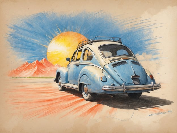 Auf dem Bild ist ein blauer Oldtimer zu sehen, der auf einer staubigen Straße fährt, während eine große Sonne am Himmel strahlt. Im Hintergrund sind einige rote Berge erkennbar. Die intensive Sonnenstrahlung deutet darauf hin, dass man sich in einer sonnigen Umgebung befindet. Schutz vor intensiver Sonneneinstrahlung ist wichtig, um sich vor möglichen gesundheitlichen Risiken zu schützen, wie Sonnenbrand oder Hitzschlag. Das Tragen von Sonnencreme, einem Hut und Sonnenbrillen ist daher ratsam.