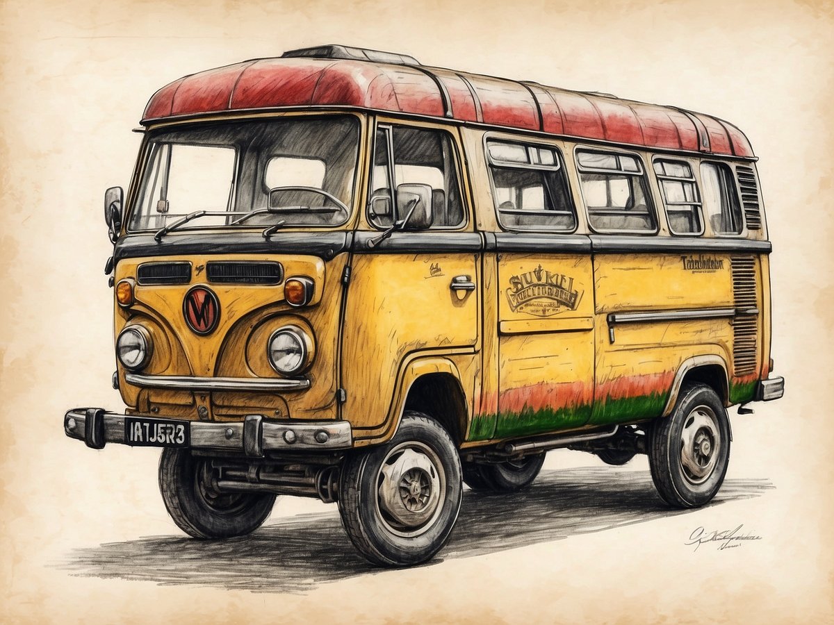 Ein gelb-roter VW Bus steht auf einer leicht strukturierten Fläche. Der Bus hat eine charakteristische Form mit runden Scheinwerfern und einem großen Frontfenster. Die Karosserie zeigt ein Vintage-Design, das an die 1970er Jahre erinnert. Auf der Seite des Busses ist das Wort Südkurier in geschwungener Schrift zu sehen. Die Farbgestaltung ist fröhlich, mit einem orange-roten Dach und einem grün-roten Streifen am unteren Rand des Fahrzeugs. Die Konturen sind detailliert gezeichnet, was dem Bild einen künstlerischen Charakter verleiht.