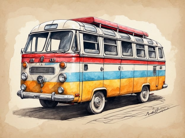 Auf dem Bild ist ein nostalgischer VW-Bus zu sehen, der mit farbigen Streifen in Rot, Blau und Gelb gestaltet ist. Dieser Bus ist ein Symbol für Freiheit und Reisen. 

Im Hinblick auf nachhaltiges Verhalten am Reiseziel könnte die Nutzung von Oldtimern wie diesem VW-Bus jedoch interessante Möglichkeiten bieten. Man könnte solche Fahrzeuge mieten, um regionale Sehenswürdigkeiten umweltbewusst zu erkunden, anstatt auf größere, umweltschädliche Transportmittel zurückzugreifen. 

Zusätzlich könnte man lokale Gemeinschaften unterstützen, indem man in familiengeführten Unterkünften übernachtet oder lokale Märkte besucht, um die regionale Wirtschaft zu stärken und die Umweltbelastung durch Transportwege zu minimieren.