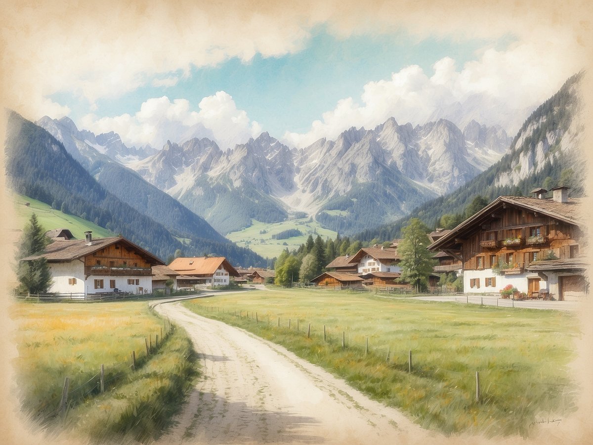 Eine malerische Landschaft mit sanften Hügeln und majestätischen Bergen im Hintergrund. Der Himmel ist klar mit einigen weißen Wolken. Im Vordergrund führt ein schmaler, unbefestigter Weg vorbei an traditionellen bayerischen Chalet-haushalten, die mit Holzbalkonen und glänzenden Dächern ausgestattet sind. Grüne Wiesen und dekorative Blumen umgeben die Gebäude, während die imposanten Berge im Hintergrund einen eindrucksvollen Kontrast zur sanften, ländlichen Szene bilden.