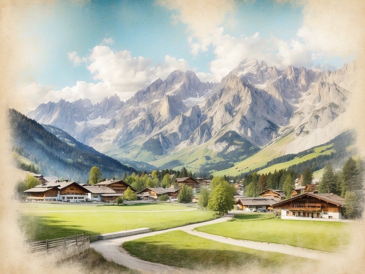 Ein malerisches Landschaftsbild von Garmisch-Partenkirchen, das atemberaubende Berge im Hintergrund zeigt. Die majestätische Zugspitze erhebt sich über einer grünen Wiese, während traditionelle Holzhäuser in der Vordergrundlandschaft verteilt sind. Die sanften Hügel und der klare Himmel verleihen der Szenerie eine ruhige und einladende Atmosphäre, ideal für Naturliebhaber und Wanderfreunde. Die umliegenden Bäume und die bestechende Bergkulisse unterstreichen die natürliche Schönheit dieser einzigartigen Region.