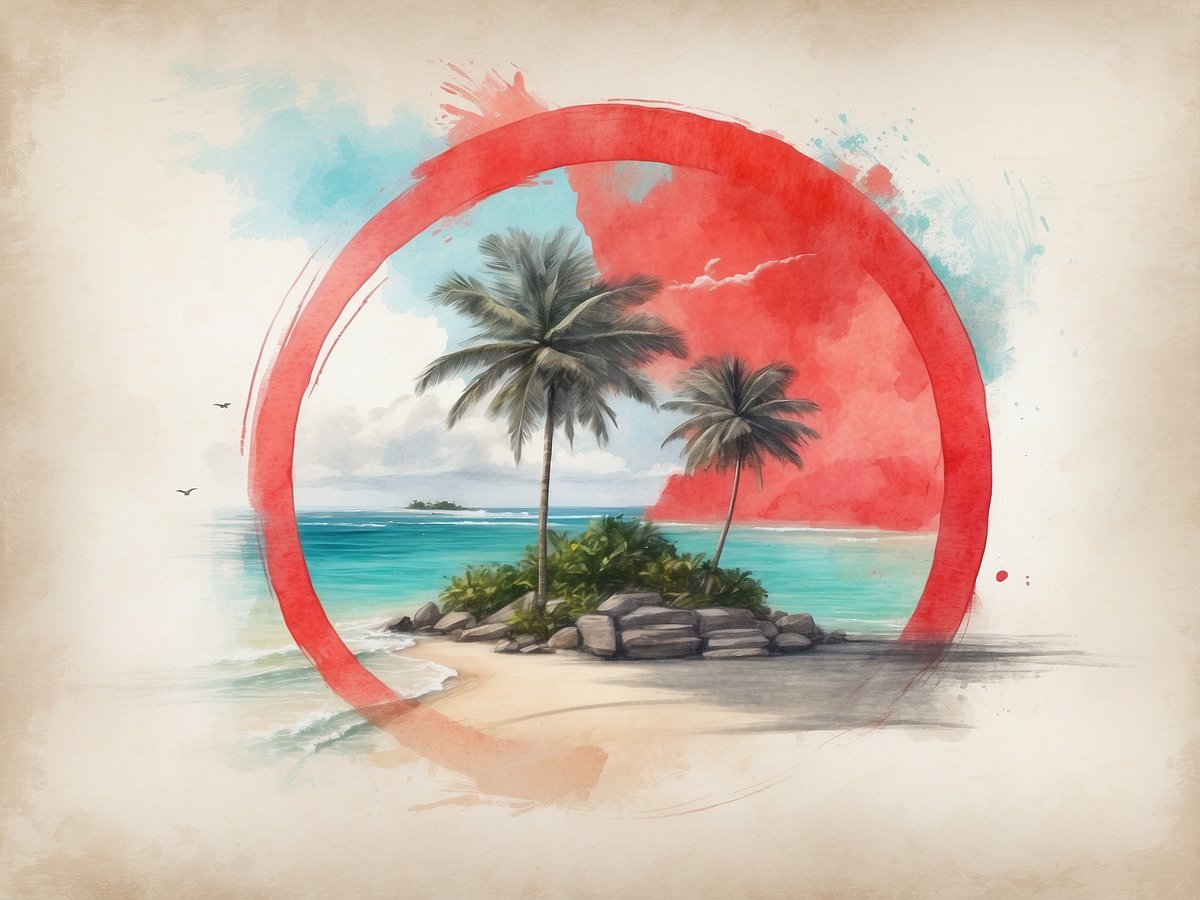 Eine tropische Insel ist abgebildet, umgeben von klarem Blau des Ozeans und sandigen Stränden. Palme stehen auf der Insel und im Hintergrund sind weitere Strände und ein leicht bewölkter Himmel zu sehen. Der gesamte Eindruck wird durch einen kreisförmigen roten Rahmen ergänzt, der das Bild hervorhebt. Die Farben sind sanft und vermittelt ein Gefühl von Ruhe und Exotik. Die Malediven sind ein Urlaubsziel, wo Maledivisch die offizielle Sprache ist.
