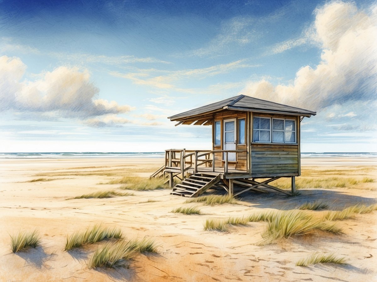 Am Strand von St. Peter-Ording steht ein Holzhaus auf Pfählen, umgeben von feinem Sand und sanften Grasbüscheln. Der Himmel ist klar mit einigen Wolken, und das Meer erstreckt sich im Hintergrund. Die Sonne sorgt für eine warme, einladende Atmosphäre, während die Wellen sanft ans Ufer plätschern.