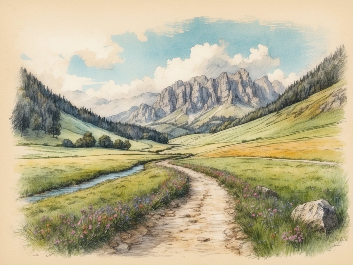 Eine malerische Landschaft im Schwarzwald, dargestellt mit sanften Hügeln, die von üppigem Grün und bunten Wildblumen gesäumt sind. Ein gewundener Weg führt durch die Landschaft und zieht das Auge in die Ferne, wo majestätische Berge unter einem strahlend blauen Himmel mit einigen weißen Wolken sichtbar sind. Ein ruhiger Fluss schlängelt sich durch das Tal, was ein Gefühl von Ruhe und Naturnähe vermittelt. Diese Szenerie spiegelt die Schönheit des Schluchtensteigs im Schwarzwald wider.