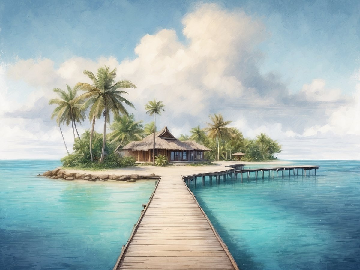 Eine Holzstege führt über türkisblaues Wasser zu einer kleinen Insel, die mit Palmen und einer tropischen Lodge ausgestattet ist. Der Himmel ist klar mit wenigen Wolken. Die Landschaft strahlt Ruhe und tropisches Flair aus. Die Malediven sind etwa 8000 Kilometer von Deutschland entfernt.