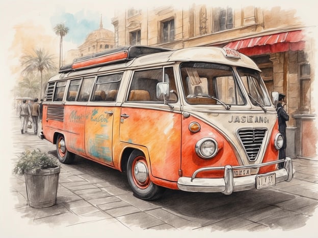 Auf dem Bild ist ein bunt gestalteter Oldtimer-Bus zu sehen, der in einer urbanen Umgebung parkt. Der Bus hat eine auffällige orangefarbene Lackierung mit Schriftzug und scheint nostalgisches Flair auszustrahlen. Um den Bus herum sind einige Passanten zu sehen, die im Hintergrund an Gebäuden und Palmen vorbeigehen. Diese Szene könnte auf eine entspannte Atmosphäre hindeuten, die ideal für individuelle Bedürfnisse von Reisenden ist, die ein einzigartiges Erlebnis suchen. Der Oldtimer könnte beispielsweise für eine Reise oder eine besondere Veranstaltung genutzt werden.