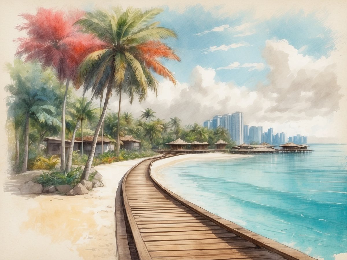 Tropische Landschaft mit Palmen und einem Holzsteg, der entlang des klaren, blauen Wassers verläuft. Im Hintergrund sind einige Bungalows und eine moderne Skyline zu sehen. Die Szene strahlt Ruhe und exotische Schönheit aus. Wann sind Malediven am günstigsten?