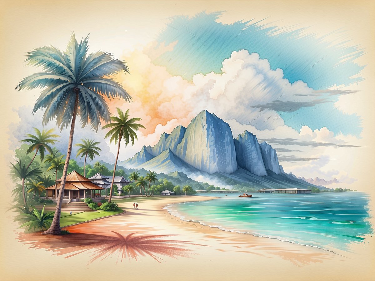 Eine malerische Küstenlandschaft mit feinem Sandstrand und Palmen. Im Hintergrund erheben sich beeindruckende Berge unter einem klaren blauen Himmel, der mit sanften Wolken übersät ist. Lauter Palmen säumen den Strand, während am Wasser eine kleine Holzhütte zu sehen ist. Zwei Personen spazieren entlang des Ufers, während ein Boot in der Ferne auf dem Wasser schaukelt. Das Bild vermittelt eine tropische und entspannende Atmosphäre, die perfekt für einen Urlaub an einem tropischen Ort eignet. Die beste Reisezeit für die Malediven sind die Monate von November bis April, wenn die Wetterbedingungen ideal sind.