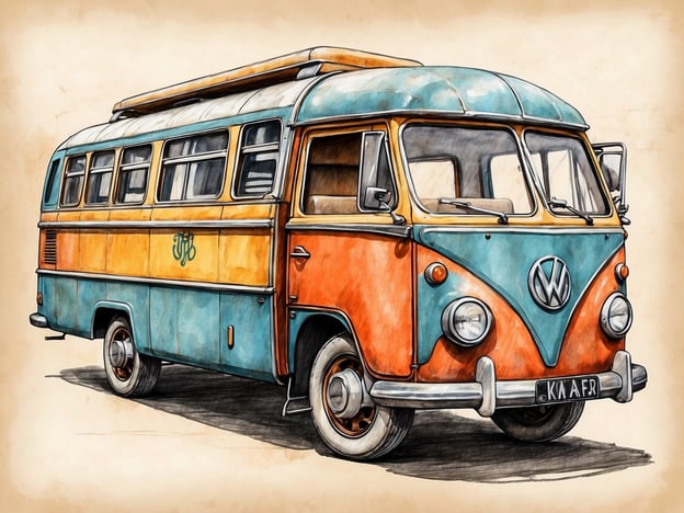 Auf dem Bild ist ein klassischer Volkswagen-Bus zu sehen, der oft mit Retro-Stil und bunten Farben assoziiert wird. Solche Fahrzeuge sind beliebte Optionen für nachhaltige Reisen, da sie häufig umgebaut werden, um als Camper oder Reisemobile zu dienen. 

Nachhaltige Reisemöglichkeiten mit einem Volkswagen-Bus könnten mehrere Vorteile bieten:

1. **Caravanning**: Man kann die Natur erkunden, ohne ständig in Hotels übernachten zu müssen, was die Umweltbelastung durch Übernachtungen reduziert.
  
2. **Selbstversorgen**: Man hat die Möglichkeit, selbst zu kochen und frische, lokale Produkte zu nutzen, was umweltfreundlicher ist als Essen in Restaurants.

3. **Flexibilität**: Man kann abseits der ausgetretenen Pfade reisen und weniger touristische, dafür nachhaltigere Destinationen besuchen.

4. **Kohlenstoff-Fußabdruck**: Ältere Fahrzeuge können umweltbewusst restauriert und auf alternative Kraftstoffe umgerüstet werden, um den ökologischen Fußabdruck zu verringern. 

Ein solcher Bus symbolisiert also nicht nur Abenteuer, sondern bietet auch eine Plattform für umweltfreundliches Reisen.