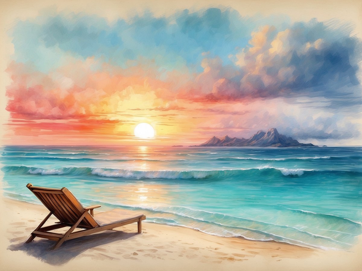 Ein beschatteter Liegestuhl steht am Strand, während die Sonne langsam am Horizont untergeht und den Himmel mit warmen Farben in Rosa, Orange und Blau färbt. Das ruhige Wasser des Ozeans glitzert im Licht der untergehenden Sonne, während sanfte Wellen den Strand erreichen. Im Hintergrund sind ferne Berge zu sehen, die der malerischen Kulisse einen zusätzlichen Reiz verleihen. Diese friedliche Szenerie vermittelt das Gefühl von Entspannung, ideal für einen Tag auf den Malediven.