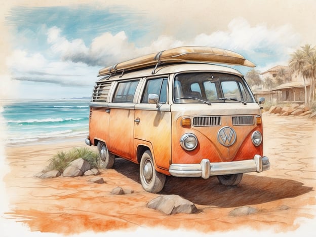 Auf dem Bild ist ein orange-weißer VW-Bus zu sehen, der am Strand geparkt ist, mit sanften Wellen im Hintergrund und einem klaren Himmel. Der Van hat ein Surfbrett auf dem Dach, was auf einen entspannten Lebensstil am Meer hinweist.

In Sri Lanka könnte dieser Anblick in beliebten Surfspots wie Arugam Bay oder Hikkaduwa sein. Hier sind einige Besonderheiten für einen Aufenthalt in Sri Lanka:

1. **Surfen**: Arugam Bay ist bekannt für seine hervorragenden Surfbedingungen, besonders während der Monsunzeit.

2. **Strände**: Sri Lanka bietet eine Vielzahl von atemberaubenden Stränden, wo man relaxen, schwimmen oder die lokale Küche genießen kann.

3. **Natur**: Die Küstenregionen sind oft von Palmen gesäumt und bieten eine malerische Kulisse. Viele Strände haben auch unberührte Bereiche, die ideal zum Entspannen sind.

4. **Kultur**: In der Nähe befinden sich oft kleine Dörfer, in denen man die lokale Kultur, Traditionen und Handwerkskunst kennenlernen kann.

5. **Abenteuer**: Es gibt viele Möglichkeiten für Outdoor-Aktivitäten, von Schnorcheln und Tauchen bis hin zu Wanderungen in den nahegelegenen Nationalparks.

Das Bild vermittelt also ein Gefühl von Freiheit und Entspannung, das in Sri Lanka leicht zu finden ist!