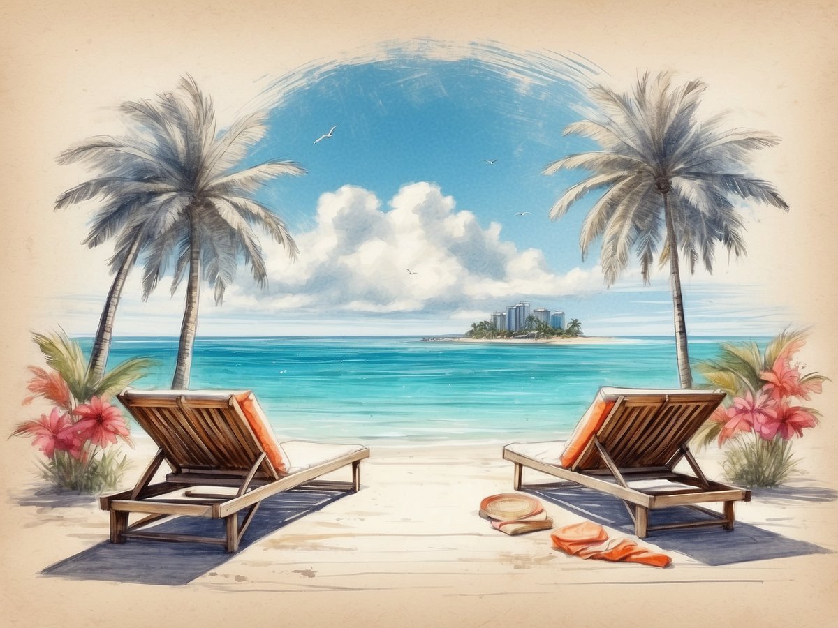 Der Bild zeigt eine traumhafte Strandlandschaft auf Holiday Island auf den Malediven. Im Vordergrund sind zwei Sonnenliegen mit orangefarbenen Auflagen platziert, umgeben von üppigen Palmen und bunten Blumen. Der glitzernde Ozean erstreckt sich bis zum Horizont, während im Hintergrund eine kleine Insel mit modernen Gebäuden sichtbar ist. Wolken ziehen sanft am blauen Himmel vorbei, während einige Vögel darüber fliegen. Die Szene vermittelt ein Gefühl von Ruhe und paradiesischer Entspannung, ideal für unvergessliche Strandferien.
