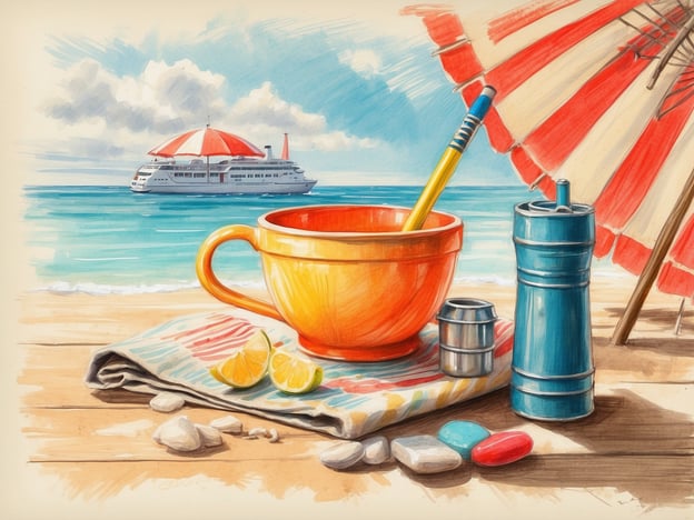 Auf dem Bild ist eine entspannte Strandszene zu sehen. Im Vordergrund steht eine orangefarbene Tasse mit einem Stift darin, neben ihr liegen einige Zitronenscheiben und eine bunte Stranddecke. Zusätzlich sind verschiedene Behälter zu sehen, darunter ein blauer und ein silberner. Im Hintergrund fährt ein Schiff auf dem Wasser. 

Vergessen Sie nicht, Sonnenschutz zu verwenden, um sich vor Sonnenbrand zu schützen!