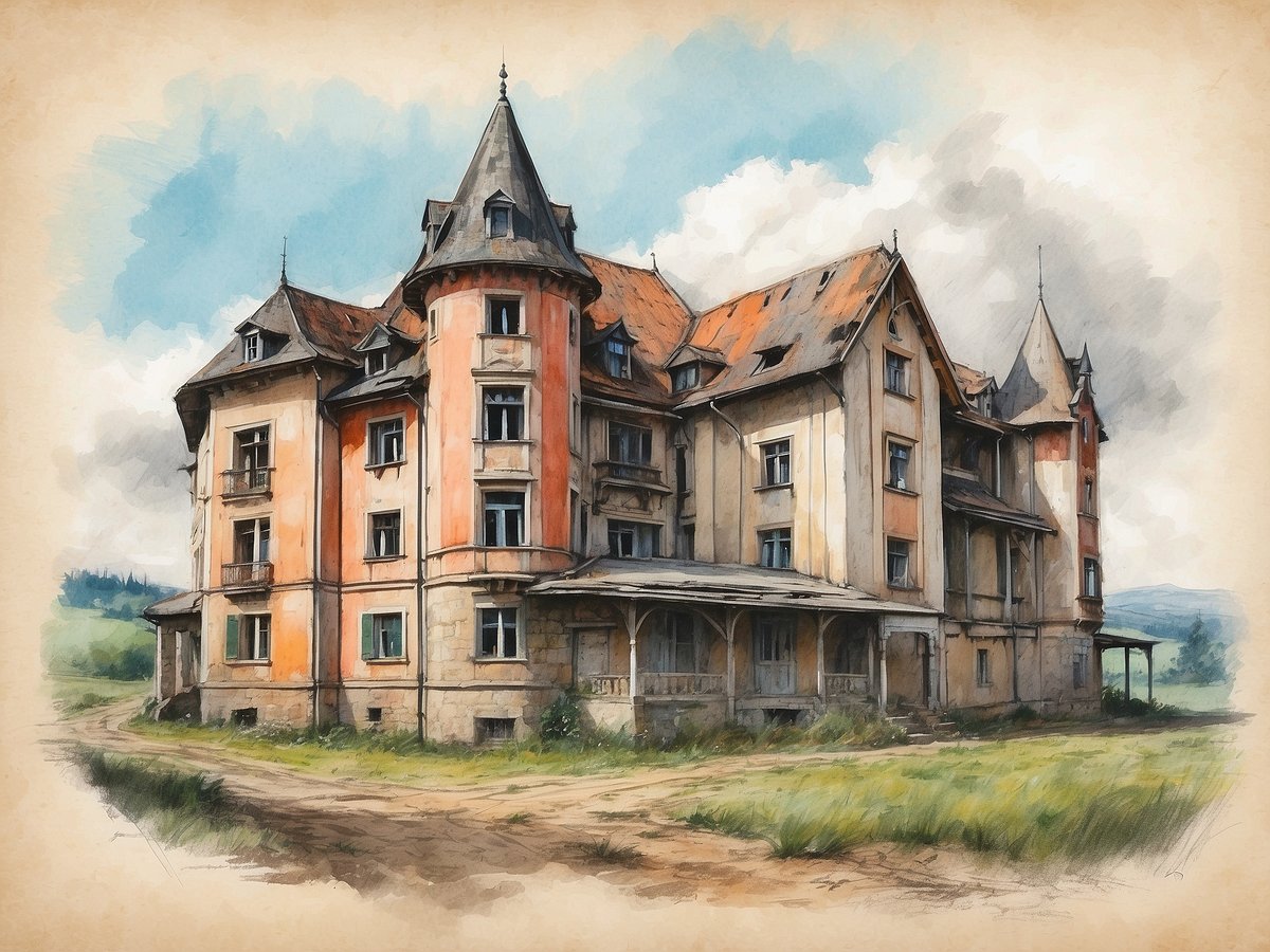 Das Bild zeigt ein beeindruckendes, verfallenes Herrenhaus mit einem charmanten, nostalgischen Charakter. Die Fassade ist in warmen, leicht verblassten Farben gehalten, die von der Zeit gezeichnet sind. Turmförmige Elemente und Fenster mit ländlichem Flair verleihen dem Gebäude einen einzigartigen Reiz. Umgeben von einer malerischen, grünen Landschaft und einem unbefestigten Weg, wirkt das Anwesen wie ein verzauberter Ort voller Geheimnisse und Geschichte. Über dem Gebäude schweben leicht bewölkte Himmel, die die Atmosphäre des Verfalls und der Vergänglichkeit unterstreichen.