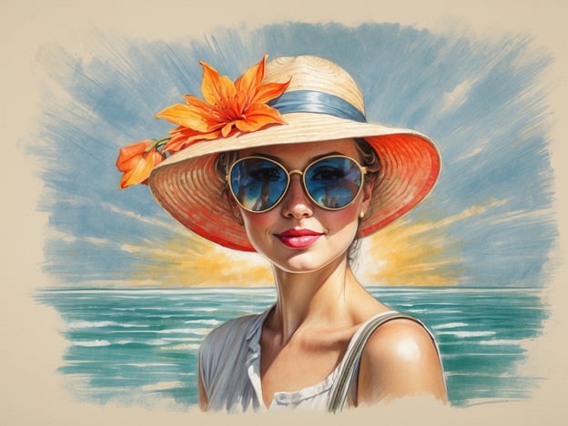 Auf dem Bild ist eine Frau zu sehen, die einen großen Sonnenhut mit einer Blume trägt und eine modische Sonnenbrille anhat. Sie steht am Strand vor dem Wasser, während die Sonne aufgeht oder untergeht. Um sich vor der Sonne zu schützen, trägt sie wahrscheinlich Sonnencreme, um ihre Haut vor UV-Strahlen zu bewahren. Solch ein Outfit ist ideal für sonnige Tage, um sich sowohl vor der Sonne als auch vor lästigen Insekten zu schützen.