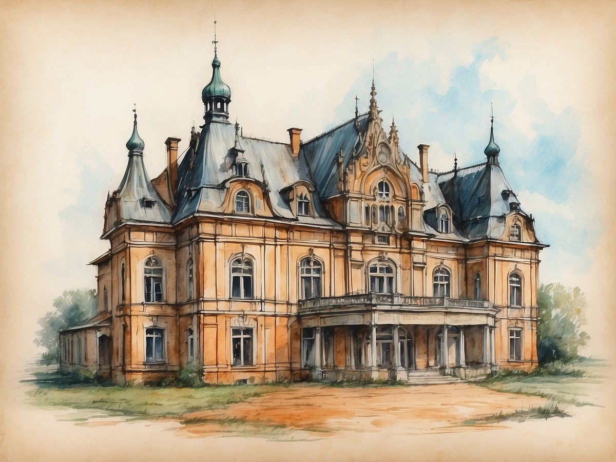 Eine prunkvolle, historische Villa mit eleganten Türmen und einem kunstvoll gestalteten Dach dominiert das Bild. Die Fassade aus warmen, sandfarbenen Steinen zeigt sich in einem romantischen Stil, ergänzt durch große Fenster und Verzierungen, die von einstiger Pracht zeugen. Umgeben von sanftem Grün und einem leicht nebligen Himmel strahlt die Architektur sowohl Nostalgie als auch eine geheimnisvolle Atmosphäre aus, die an vergangene Zeiten erinnert.