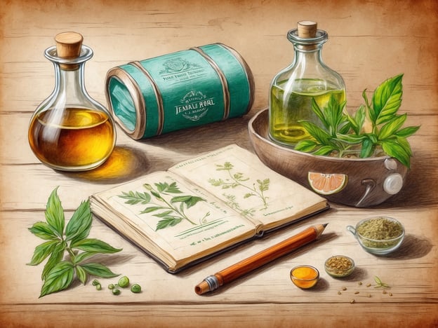 Auf dem Bild sind verschiedene apothekerische Elemente zu sehen, darunter Flaschen mit Flüssigkeiten, Pflanzenteile, ein Notizbuch mit botanischen Illustrationen sowie einige kleine Schälchen mit pulverisierten oder festen Substanzen. Diese Darstellung könnte in einer homöopathischen Reiseapotheke Verwendung finden.

Für eine homöopathische Reiseapotheke sind folgende Mittel nützlich:

1. **Arnica** – Bei Prellungen und Verletzungen.
2. **Nux vomica** – Gegen Übelkeit und Reisekrankheit.
3. **Belladonna** – Bei Fieber und Entzündungen.
4. **Chamomilla** – Bei Schlafstörungen oder Unruhe.
5. **Pulsatilla** – Für emotionale Unterstützung, besonders bei Reisen.
6. **Gelsemium** – Bei Angst vor Reisen.

Es ist wichtig, sich vor der Anwendung über die Dosierung und spezifischen Wirkungen zu informieren.