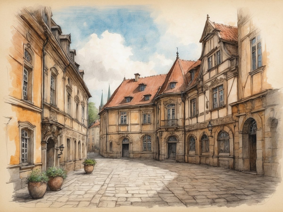 Ein idyllischer Innenhof mit historischen Gebäuden in Braunschweig, umgeben von pastellfarbenen Fassaden. Die schmalen Gassen führen zu einer lichtdurchfluteten Fläche mit alten Steinen, die eine Atmosphäre vergangener Zeiten schaffen. Auf der linken Seite ist ein elegant gestaltetes Gebäude mit großen Fenstern zu sehen, während der rechte Teil des Hofes von einem charmanten, runden Bau mit einem roten Satteldach dominiert wird. Im Innenhof stehen große, runde Blumentöpfe mit frischem Grün. Im Hintergrund sind die hohen Türme der Stadt sichtbar, die dem Bild eine zusätzliche Dimension verleihen. Das Licht spielt sanft auf den Wänden und betont die historischen Details der Architektur.