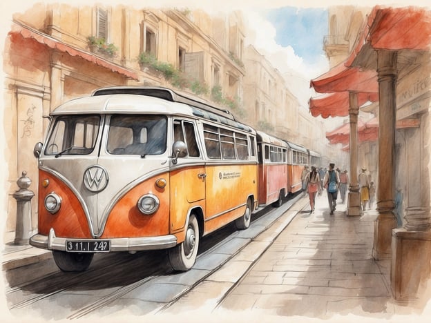 Auf dem Bild ist ein vintage Bus, vermutlich ein Volkswagen, in einer malerischen Straße zu sehen, die von Menschen belebt ist. 

Busreisen bieten viele Vorteile: 

1. **Kosteneffizienz**: Tickets sind oft günstiger als Flugreisen oder Autofahren.
2. **Umweltfreundlich**: Busse haben einen niedrigeren CO2-Ausstoß pro Person.
3. **Entspannung**: Reisende können sich entspannen, lesen oder die Landschaft genießen, ohne sich um den Verkehr kümmern zu müssen.
4. **Soziale Interaktion**: Man hat die Möglichkeit, mit anderen Passagieren ins Gespräch zu kommen und neue Bekanntschaften zu schließen.
5. **Flexible Haltstellen**: Man kann an vielen verschiedenen Orten ein- und aussteigen. 

Diese Aspekte machen Busreisen zu einer attraktiven und angenehmen Form des Reisens.