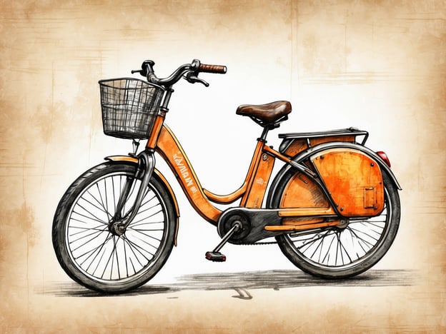 Auf dem Bild ist ein Fahrraddesign zu sehen. Das Fahrrad hat einen orangefarbenen Rahmen, einen Korb vorne und eine Gepäckträgertasche hinten. Fahrräder sind ein umweltfreundliches Transportmittel, da sie keine schädlichen Emissionen produzieren und zur Reduzierung des Verkehrs beitragen. Sie fördern auch die körperliche Fitness und sind eine nachhaltige Art, sich fortzubewegen.