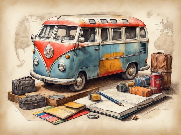 Auf dem Bild ist ein klassischer VW-Bus zu sehen, umgeben von verschiedenen Gepäckstücken und Reiseutensilien. 

Hier ist eine Packliste für die Busreise:

1. **Reisegepäck**
   - Koffer
   - Rucksack
   - Handgepäck

2. **Kleider**
   - Bequeme Kleidung
   - Jacke oder Pullover
   - Unterwäsche und Socken

3. **Toilettenartikel**
   - Zahnpasta und Zahnbürste
   - Shampoo und Duschgel
   - Deodorant

4. **Technologie**
   - Smartphone und Ladegerät
   - Kopfhörer
   - Powerbank

5. **Essen und Trinken**
   - Wasserflasche
   - Snacks (Müsliriegel, Früchte)
   - Lunchbox

6. **Unterhaltung**
   - Bücher oder E-Reader
   - Notizbuch und Stifte
   - Spiele oder Karten

7. **Dokumente**
   - Reisepass oder ID
   - Tickets und Reservierungen
   - Reiseversicherung

8. **Erste-Hilfe-Set**
   - Pflaster
   - Schmerzmittel
   - Allergiemittel

Diese Liste hilft, während der Busreise gut vorbereitet zu sein!