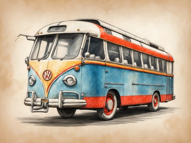 Auf dem Bild ist ein stilisierter Bus zu sehen, der wahrscheinlich ein klassischer VW-Bus ist. Busreisen sind eine stressfreie Art zu reisen, weil man sich nicht um das Fahren kümmern muss – man kann sich entspannt zurücklehnen und die Landschaft genießen. Außerdem sind Busreisen oft kostengünstig und bieten die Möglichkeit, neue Menschen kennenzulernen und soziale Kontakte zu knüpfen. Die Planung ist in der Regel einfacher, da man sich nicht um Parkplätze oder andere logistische Herausforderungen kümmern muss.