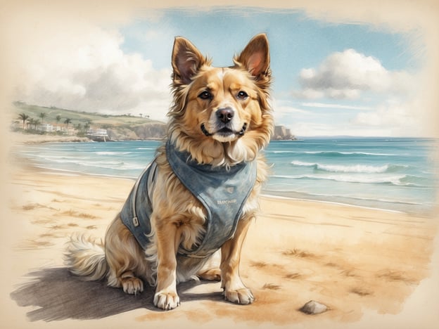 Auf dem Bild ist ein Hund zu sehen, der am Strand sitzt, mit Blick auf das Meer. Die beste Zeit für einen Urlaub mit Hund am Meer ist in der Regel im späten Frühling oder frühen Herbst, wenn das Wetter mild ist und weniger Menschen unterwegs sind. Diese Zeiten bieten oft ideale Bedingungen für gemeinsame Spaziergänge am Strand und entspannte Tage.