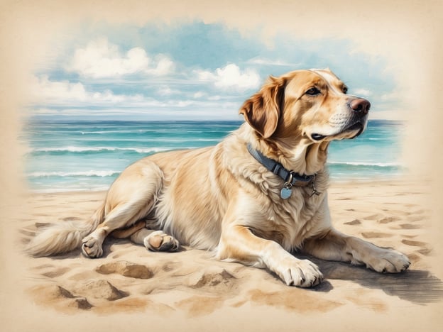 Auf dem Bild sind entspannte Tage am Strand mit dem Vierbeiner zu sehen. Ein schöner Hund liegt entspannt auf dem Sand, mit Blick auf das Meer und die sanften Wellen im Hintergrund. Die Atmosphäre vermittelt Ruhe und Freude an einem perfekten Strandtag.