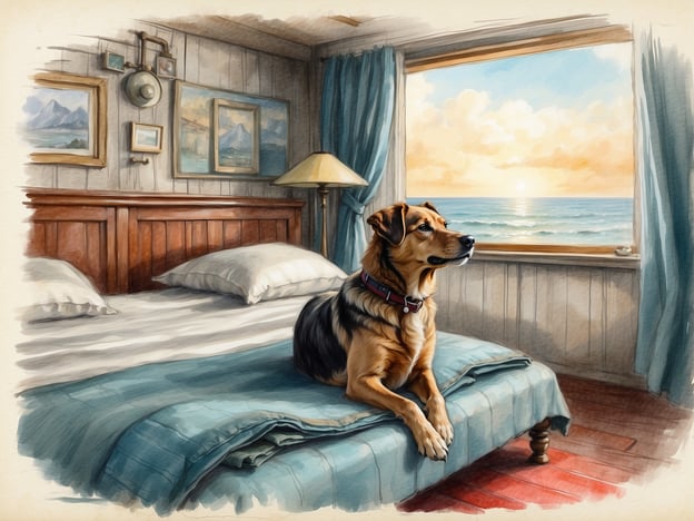 Auf dem Bild ist ein Hund zu sehen, der auf einem Bett in einem gemütlichen Raum sitzt und aus einem Fenster auf die Nordsee schaut. Der Raum hat eine warme, einladende Atmosphäre mit Bilderrahmen an den Wänden und einem schönen Blick auf den Sonnenuntergang.

Wenn du nach hundefreundlichen Unterkünften an der Nordsee suchst, gibt es viele Optionen. Hier sind einige empfehlenswerte:

1. **Strandhotel in St. Peter-Ording**: Bietet spezielle Hundezimmer und hat direkten Zugang zum Strand, wo Hunde willkommen sind.

2. **Ferienhaus auf Amrum**: Viele Ferienhäuser auf Amrum sind hundefreundlich und bieten viel Platz für Hunde zum Spielen.

3. **Hotel in Sylt**: Es gibt zahlreiche Hotels auf Sylt, die Hunde willkommen heißen, часто mit besonderen Annehmlichkeiten für Tiere.

4. **Campingplatz in Cuxhaven**: Ideal für Hundebesitzer, die die Natur lieben, und es gibt viele Hundestrände in der Nähe.

Stelle sicher, die jeweiligen Regelungen der Unterkünfte zu prüfen, um einen sorgenfreien Aufenthalt für dich und deinen Hund zu gewährleisten!