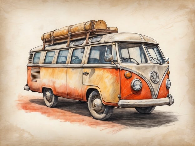 Auf dem Bild ist ein klassischer VW-Bus zu sehen, der ideal für Ausflüge und Reisen geeignet ist. Dieser ikonische Transporter ist oft mit einem Dachgepäckträger ausgestattet, der sich gut für Campingausflüge oder Roadtrips eignet. Mit einem VW-Bus kann man viele Sehenswürdigkeiten besuchen, wie zum Beispiel:

- Nationalparks, wo man die Natur genießen kann.
- Küstenstraßen für einen atemberaubenden Blick auf das Meer.
- Historische Städte, um die Kultur und Architektur zu erkunden.

Solche Fahrzeuge sind ein Symbol für Freiheit und Abenteuergeist, perfekt für gemeinsame Erlebnisse mit Freunden oder Familie.