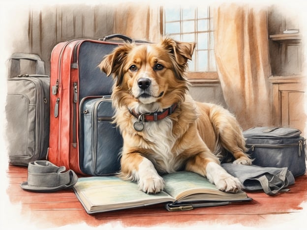 Auf dem Bild ist ein Hund zu sehen, der auf einem offenen Buch liegt, umgeben von mehreren Reisetaschen. Es wirkt so, als würde er auf eine Reise warten. 

Hier sind einige Tipps für die Anreise und Unterkunft mit einem Hund:

### Anreise
1. **Transportmittel**: Überlege, welches Transportmittel am besten für dich und deinen Hund geeignet ist. Auto oder Zug sind oft die bequemsten Optionen. Stelle sicher, dass dein Hund sicher transportiert wird, z.B. in einer Transportbox oder mit einem Sicherheitsgeschirr.
2. **Pausen einplanen**: Plane regelmäßige Pausen ein, damit dein Hund sich bewegen, frisches Wasser trinken und sein Geschäft erledigen kann.
3. **Richtige Ausstattung**: Bring Futter, Wasser und eine Reiseleine mit. Eventuell auch eine Decke oder ein Lieblingsspielzeug, um deinem Hund Komfort zu bieten.

### Unterkunft
1. **Hundefreundliche Unterkünfte**: Achte darauf, dass deine Unterkunft hundefreundlich ist. Viele Hotels und Ferienwohnungen erlauben Hunde, einige bieten sogar spezielle Annehmlichkeiten.
2. **Hygiene**: Nimm eine Decke oder ein Körbchen für deinen Hund mit, damit er sich wohlfühlt und die Unterkunft nicht verschmutzt.
3. **Regeln beachten**: Informiere dich über die Regeln der Unterkunft bezüglich Hunde. Manche Orte haben spezielle Bereiche oder Vorschriften, die beachtet werden müssen.

Mit diesen Tipps kannst du eine angenehme Reise mit deinem vierbeinigen Freund planen!