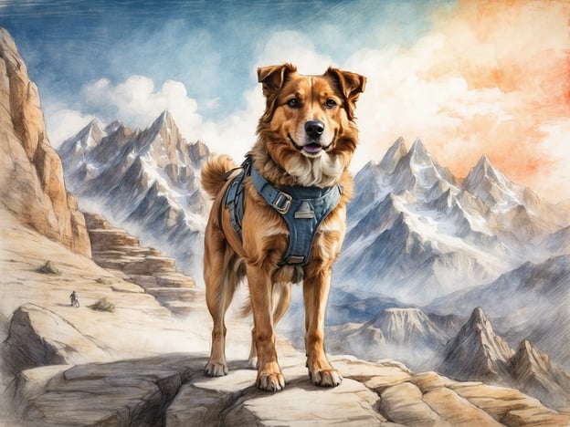 Auf dem Bild ist ein Hund in einem Wandergeschirr abgebildet, der stolz auf einem Felsen steht und die beeindruckende Berglandschaft um ihn herum betrachtet. Die majestätischen Berge im Hintergrund erstrecken sich bis zum Himmel, während der Hund mit seinem freundlichen Gesicht und seinem aufmerksamen Blick in die Kamera schaut. Diese Szene vermittelt ein Gefühl von Freiheit und Abenteuer, ideal für „Grenzenloses Abenteuer: Grenzübergreifende Ausflüge mit Hund“. Es zeigt, wie Menschen wunderbare Erlebnisse in der Natur mit ihren Hunden teilen können.