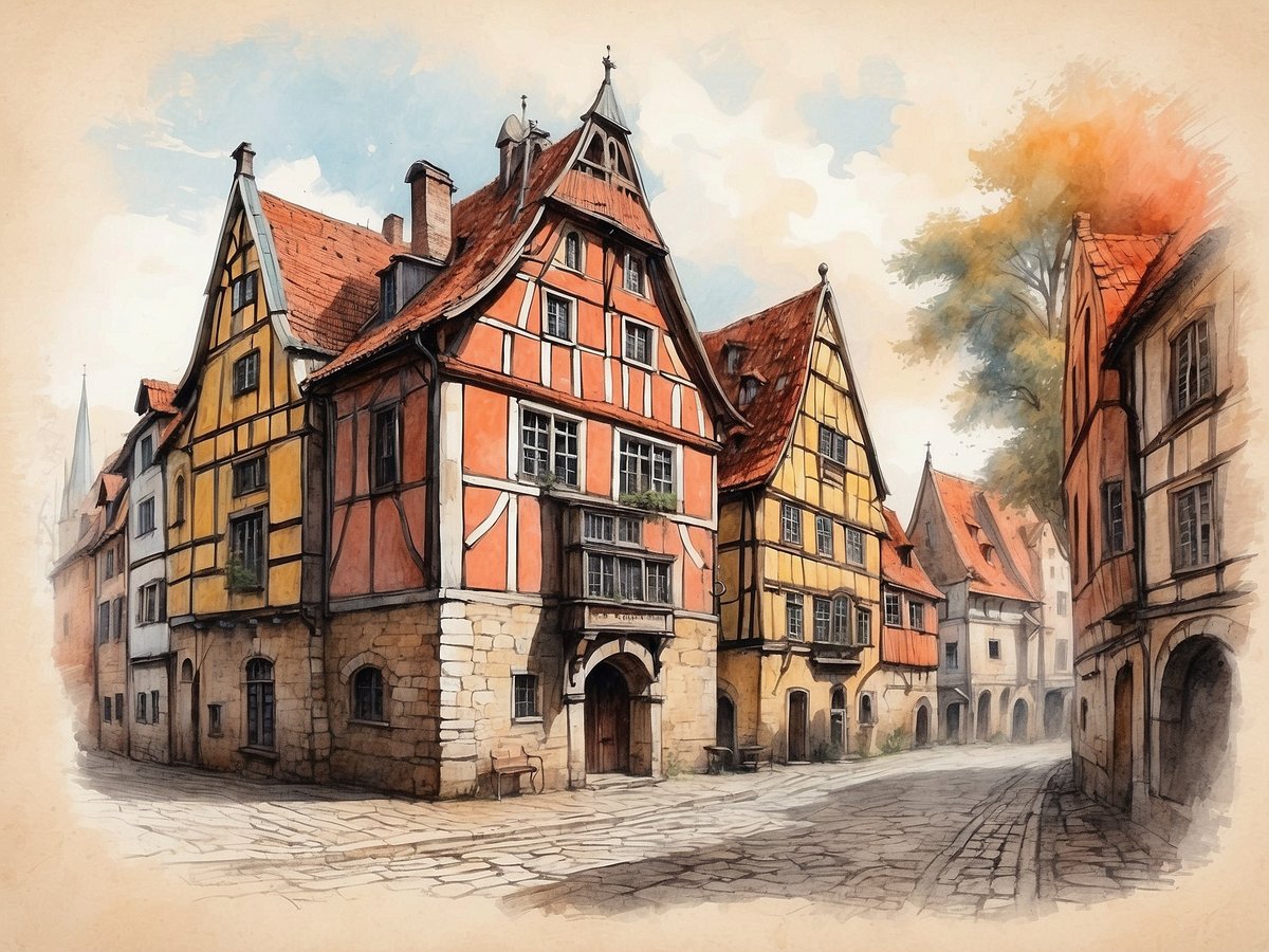 Eine malerische Gasse mit historischem Charakter, umgeben von farbenfrohen Fachwerkhäusern. Die Gebäude zeigen verschiedene Erdtöne wie Rot, Gelb und Braun, mit typischen, schrägen Dächern. Pflastersteine bedecken den Boden der schmalen Straße, während Bäume mit bunten Blättern im Hintergrund sichtbar sind. Die Szenerie strahlt eine ruhige und nostalgische Atmosphäre aus und vermittelt den Charme vergangener Zeiten in Lüneburg.