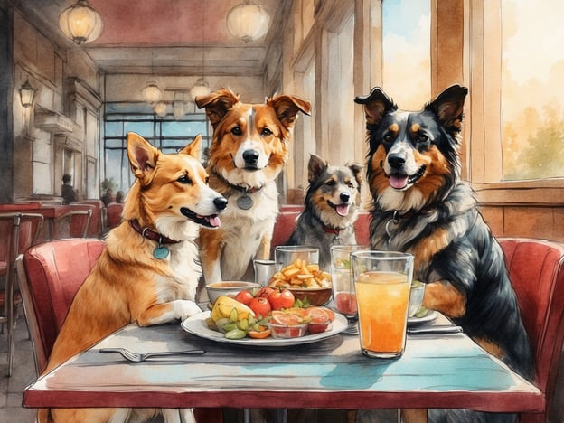 Auf dem Bild sind vier Hunde zu sehen, die an einem Tisch sitzen, der mit verschiedenen Speisen und Getränken gedeckt ist. Es scheint eine freundliche Atmosphäre in einem Restaurant oder einer Bar zu sein, die hundefreundlich ist. Solche Orte sind ideal für Hundefreunde, die zusammen mit ihren Vierbeinern entspannen und schlemmen möchten.