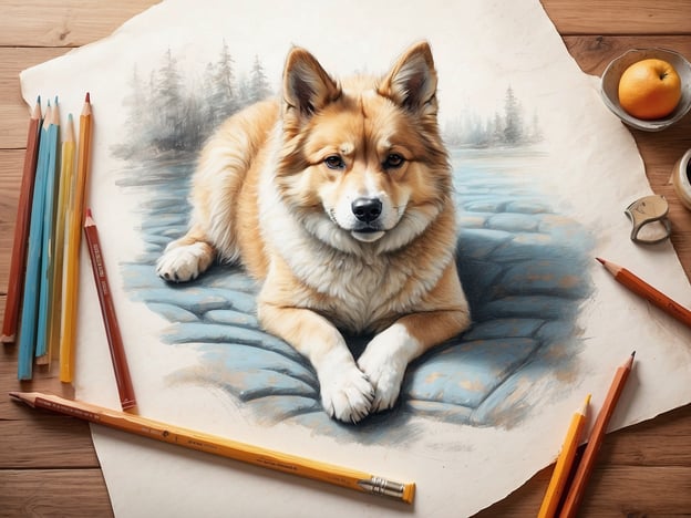 Auf dem Bild ist ein kunstvoll gezeichnetes Porträt eines Hundes zu sehen, umgeben von verschiedenen Farbstiften und einem Tisch mit einer Orange. 

Hier sind einige Tipps für eine stressfreie Anreise mit deinem Vierbeiner:

1. **Vorbereitung**: Stelle sicher, dass dein Hund gut trainiert ist, um mit Autofahrten umzugehen. Kurze Fahrten im Voraus können helfen, ihn daran zu gewöhnen.

2. **Sicherheitsvorkehrungen**: Verwende ein sicheres Hundegeschirr oder eine Transportbox, um den Hund während der Fahrt zu sichern.

3. **Pausen einlegen**: Plane regelmäßige Pausen ein, damit dein Hund sich bewegen kann und frische Luft bekommt.

4. **Wasser und Futter**: Halte Wasser bereit und biete kleine Snacks an, im Falle einer längeren Reise.

5. **Bekannte Umgebung**: Nimm eine Decke oder ein Spielzeug mit, das deinem Hund vertraut ist, um ihm ein Gefühl von Sicherheit zu geben.

6. **Sterbliche Ruhe**: Halte die Musik leise und vermeide plötzliche Bewegungen, um die Fahrt entspannter zu gestalten.

Mit diesen Tipps wird die Reise für dich und deinen Hund angenehmer!