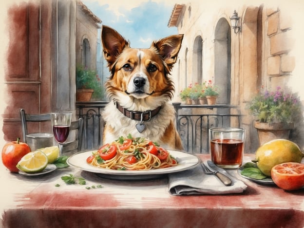 Auf dem Bild ist ein Hund zu sehen, der an einem Tisch sitzt, der mit einem italienischen Gericht gedeckt ist. Vor ihm liegt ein Teller mit Spaghetti, garniert mit frischen Tomaten und Kräutern. Außerdem sind verschiedene Früchte, wie Äpfel, Limetten und Tomaten, auf dem Tisch platziert. Der Ort scheint eine mediterrane Atmosphäre zu haben, mit Blumen in Töpfen und einer schönen Landschaft im Hintergrund. Für Vierbeiner könnte ein ähnliches Gericht aus Hunde-freundlichen Zutaten wie pürierte Karotten oder Vollkornnudeln mit Hühnerbrühe und frischen Kräutern zubereitet werden.