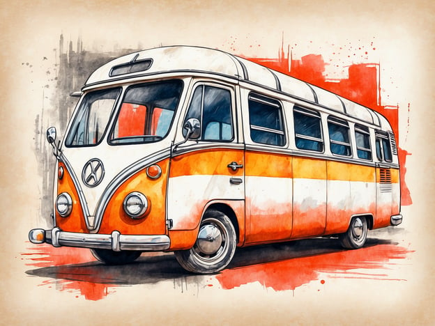 Auf dem Bild ist ein Oldtimer-Bus zu sehen, der in einer künstlerischen Darstellung in orange und weiß gehalten ist. 

Wie kann man nachhaltig reisen? Man könnte beispielsweise einen solchen Bus für Roadtrips nutzen, um die Natur zu erkunden, ohne auf umweltfreundliche Transportmittel verzichten zu müssen. Zudem könnte man seine Reise so planen, dass man lokale Ressourcen nutzt und die Regionen respektvoll erkundet.