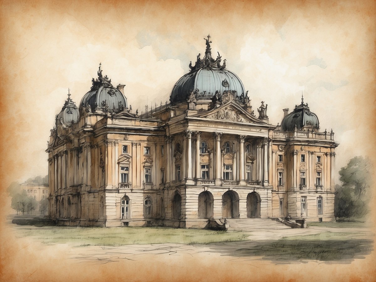 Ein majestätisches Gebäude mit prächtigen Kuppeln und einer eleganten Fassade, das die königliche Vergangenheit Potsdams widerspiegelt. Die Architektur zeigt reich verzierte Details und große Fenster, die einen Blick auf die einstige Pracht erlauben. Umgeben von einer weitläufigen, grünen Fläche, verkörpert das Gebäude eine Aura der Verlassenheit, die die Erinnerungen an eine glanzvolle Ära erahnbar macht. Es lädt dazu ein, die verloren gegangene Geschichte und die verborgenen Geheimnisse aus vergangenen Zeiten zu erkunden, während der Charme und die Eleganz der Architektur weiterhin beeindrucken.